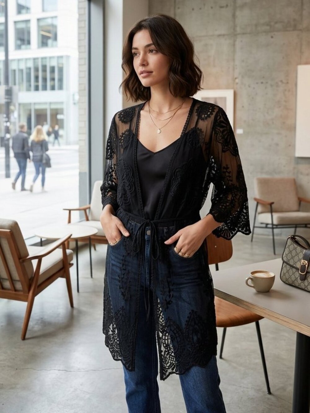 ASTER Women's S/M Black Floral Embroidered Crochet Lace Tie Front Cardigan
